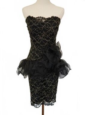 Vintage 80s Black Gold Metallic Lace Party  Dress Dramatic Rosette Prom Vampy